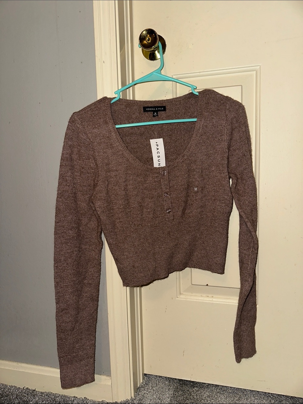 Kendall & Kylie Brown Long Sleeve Henley Crop Top